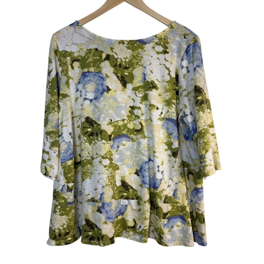 J. Jill Green Floral Tunic Top Boat Neck Ruffle Hem Cottagecore Boho Knit XL